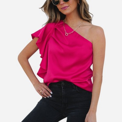 Amaryllis Women's One Shoulder Ruffle Top Chic Asymmetrical Statement Blouse Elegant Draped Fit