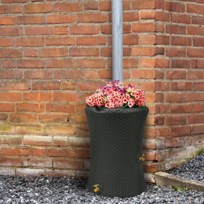 Black 50 Gallon Dual Spigot Rain Barrel with Planter Top