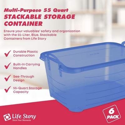 Blue 55 Quart Stackable Plastic Storage Bins with Lids, Set of 6