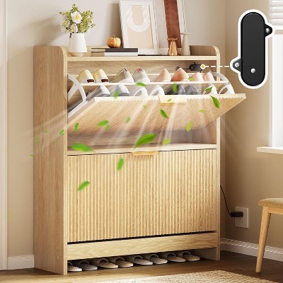 Shoe Cabinet Narrow Fluted with Air -Purifier Shoe Storage Cabinet with 2 Flip Drawer Adjustable or Removable Hidden Shoe Rack