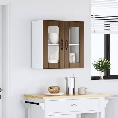 CLIHOME 2 Doors Contemporary Kitchen Wall Storage Cabinet Engineered Wood and Glass