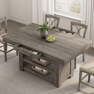 Counter Height Dining Table for 4-6, Wood Kitchen Table with Wine Rack, 2 Drawers & Shelves, Large Tabletop for Kitchen, Bar, Heavy Duty