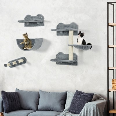 Gray Wall-Mounted Cat Shelves with Hammock and Scratching Post