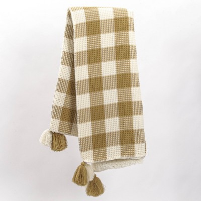60"x50" Buffalo Check Waffle Woven Reversible Throw with Sherpa Reverse Mustard - freshmint