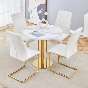 5-Piece Dining Set with Marble Pattern Round Table and 4 PU Armless Chairs - 1 of 4