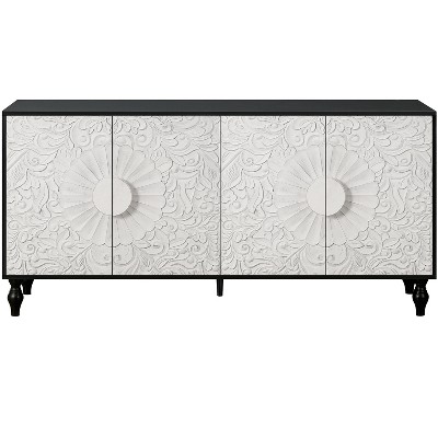 VYNXARIA Vintage White and Black Storage Cabinets with Carved Doors for TV Stand and Sideboards