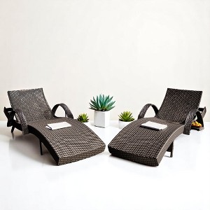 Set of 2 Outdoor Chaise Lounge Chairs with Adjustable Backrest, Pull-Out Side Table, UV-Tested Wicker, and Heavy Duty Construction - 1 of 4