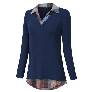 Clearlove Women's Long Sleeve V Neck Contrast Collar Shirt A-line Pleated Office Tunic - 1 of 4