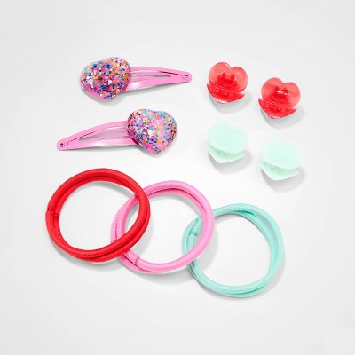 Girls' 12pk Heart Themed Hair Accessory Set - Cat & Jack™ Mint Green/Red/Pink: Styling Clips & Elastics