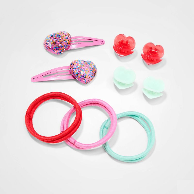 Girls&#39; 12pk Heart Themed Hair Accessory Set - Cat &#38; Jack&#8482; Mint Green/Red/Pink, 1 of 5