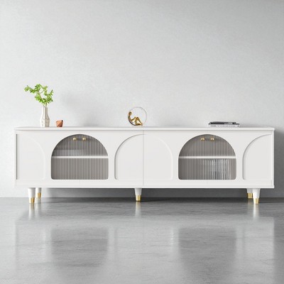 Contemporary TV Stand with Adjustable Shelves for TVs Up to 78'', Media Console with Gold Handles and Arch Fluted Glass Doors, Entertainment Center
