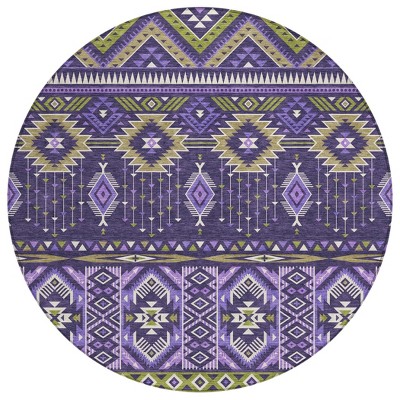 HomeRoots 8' Purple Olive Green And Ivory Round Aztec Washable Indoor Outdoor Area Rug