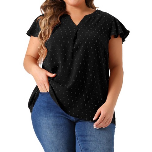 Agnes Orinda Women's Plus Size Summer V Neck Ruffle Short Sleeve Swiss Dot Flowy Blouse - image 1 of 4