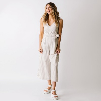 Hope & Henry Womens' Woven Sleeveless Tie-Waist Jumpsuit with Wide Leg