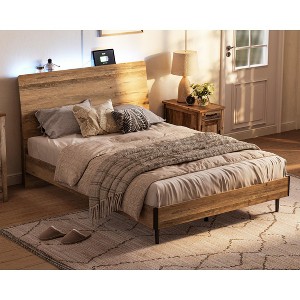 Bed Frame With Ergonomic Headboard & Storage Shelf, Wood Platform Bed Frame with Lights, Outlets & USB - 1 of 4