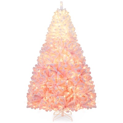 Costway 7 FT Artificial Christmas Tree with 350 Warm White LED Lights, 8 Lighting Modes & Folding Metal Stand White & Pink