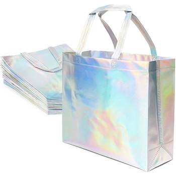Juvale 24 Pack Holographic Reusable Gift Bag for Birthday, Sustainable Grocery Tote Bags with Handles, 14x12x5 In