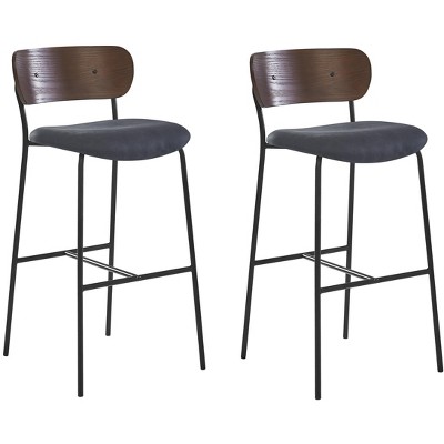 Nordlys Set of 2 Bar Stools with Wooden Back and Gray Fabric Modern Design Style Upholstery Dining Room