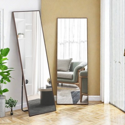Glasflength Full Length Mirrors Solid Wood Frame Floor Standing Wall Mirror, Bedroom Foyer Clothing Store, Wall Mounted Mirror, Brown 23"*0.79"*65"