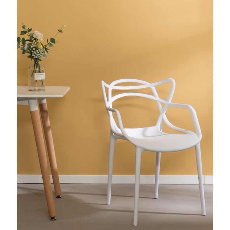 Fabulaxe Mid-Century Modern Style Stackable Plastic Molded Arm Chair with Entangled Open Back, White, 2 of 10