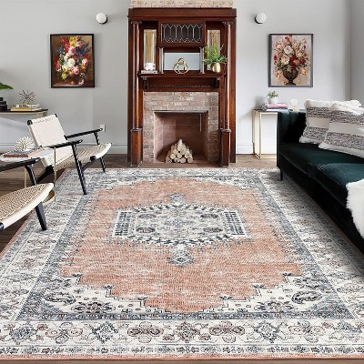 Living Room Rug Washable Vintage Medallion Carpet Non Slip Low Pile Distressed Throw Mat for Dining Room Home Office Decor