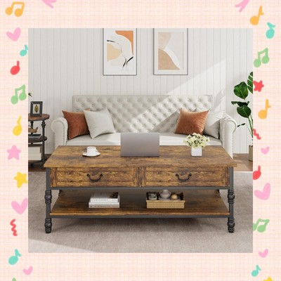 Garvee 41" Wooden Coffee Table with Drawers - Multi-Functional Retro Style Storage Table for Living Room, Office & Small Spaces,Brown