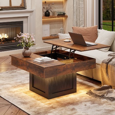 WOWLIVE Lift Top Coffee Table with Hidden Storage & LED light Strip