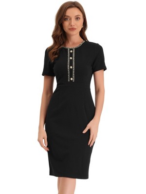 Allegra K Women's Work Business Round Neck Tweed Trim Short Sleeve Sheath Dress