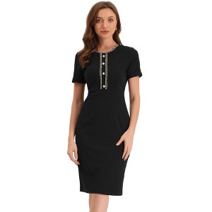 Allegra K Women's Work Business Round Neck Tweed Trim Short Sleeve Sheath Dress - 1 of 4