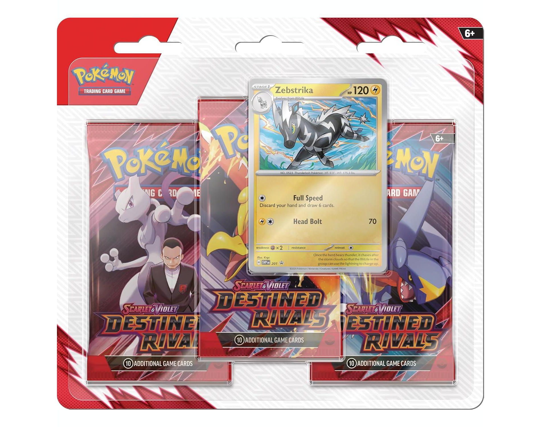 Pokemon TCG: Scarlet & Violet - Destined Rivals 3-Pack Blister – Zebstrika (3 Booster Packs & 1 Foil Promo Card)