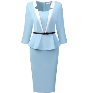 Hobemty Women's Work Notch Collar 3/4 Sleeve Peplum Sheath Dresses - 1 of 4