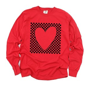 Simply Sage Market Women's Checkered Heart Cut Out Long Sleeve Garment Dyed Tee - 1 of 4