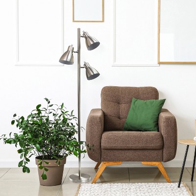 64" Brushed Nickel Adjustable 3-Light Floor Lamp with Conical Shades