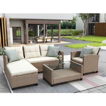 Eden 4 Piece Outdoor Conversation Set All Weather Wicker Sectional Sofa with Seat Cushions Patio Furniture Set-Maison Boucle