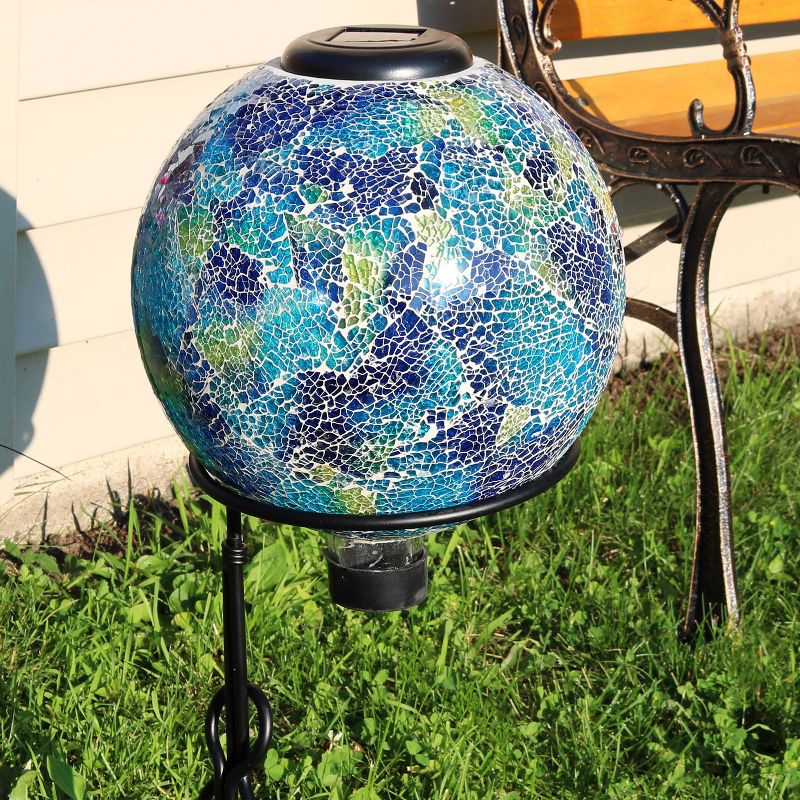 Sunnydaze Crackled Glass Azul Terra Design Indoor/Outdoor Garden Gazing Globe with LED Solar Light - 10" Diameter - Blue and Green, 2 of 10