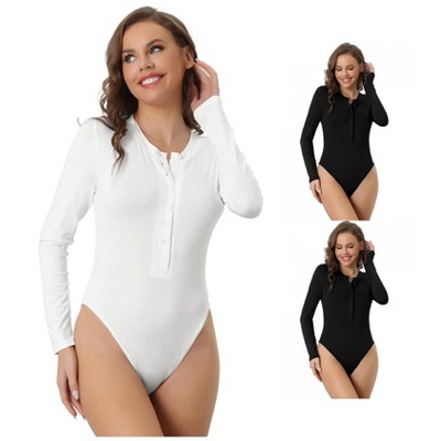 INSPIRE CHIC Women's Full Button Crew Neck Long Sleeve Bodycon Romper Stretchy Body Shaper 3 Packs