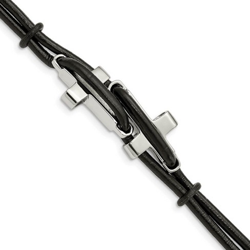 Black Bow Jewelry Men's Black Leather and Stainless Steel Cross 8.25 Inch Bracelet - image 1 of 4