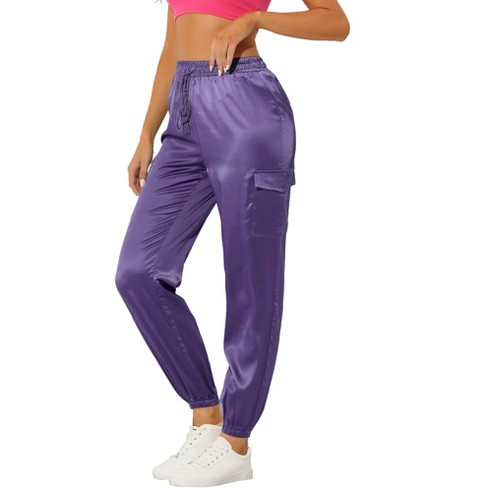 Allegra K Women's Drawstring Elastic High Rise Silky Solid Satin Pants  Purple Medium