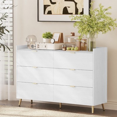 CAVINAS Mid-Century Modern Dresser with 6 Drawers, Storage Cabinet with Gold Legs for Bedroom, Living Room