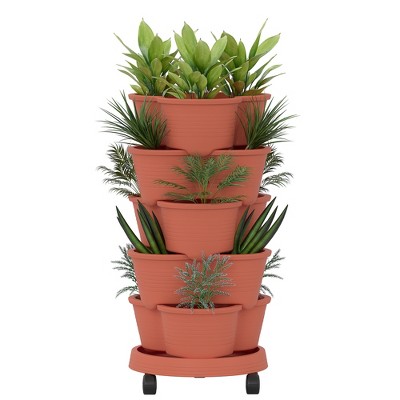 VECELO 5-Tier Vertical Garden Planter, Self Watering Stackable Planter with Wheels for Strawberries, Flowers, Vegetables, Set of 1/2