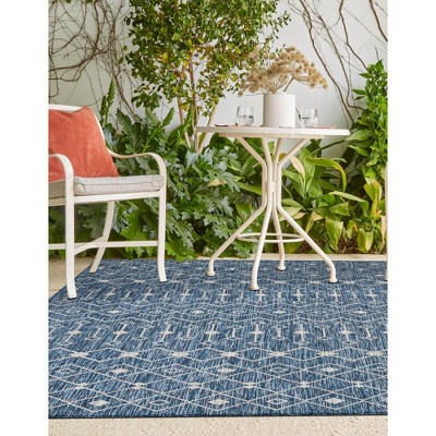 Blue Rectangular Outdoor Trellis Synthetic Area Rug