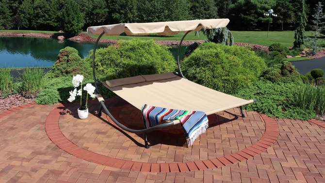 Sunnydaze Outdoor Double Chaise Lounge Bed with Canopy Shade and Headrest Pillows, Beige, 2 of 10, play video