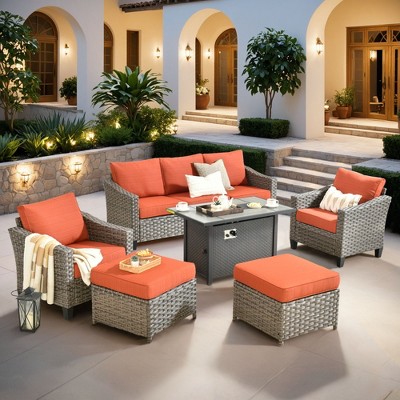 XIZZI 4-Season Outdoor Sofa Set w/ Optional Firepit - 3+2+2 Seating, 4 Colors (Navy, Orange, Green, Beige), Weatherproof Patio Furniture for Yard