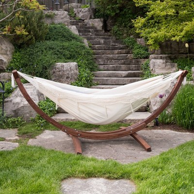 102” White Cotton Hammock with Pine Wood Stand