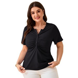 Coolmee Women Plus Size V Neck Button Blouse Short Sleeves Summer Comfy Lightweight Casual Tunic Tops - 1 of 4