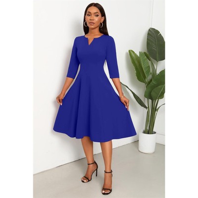 Clotth Women's Midi Dress - 3/4 Sleeve V Neck, A-Line Fit and Flare, Cocktail Wedding Guest Work Dress with Pockets