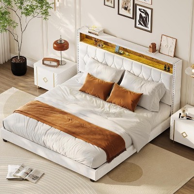 Full Bed Frame with Headboard and LED Lights, Upholstered Platform Bedframe with Charging Station, No Box Spring Needed, Easy Assembly, Beige