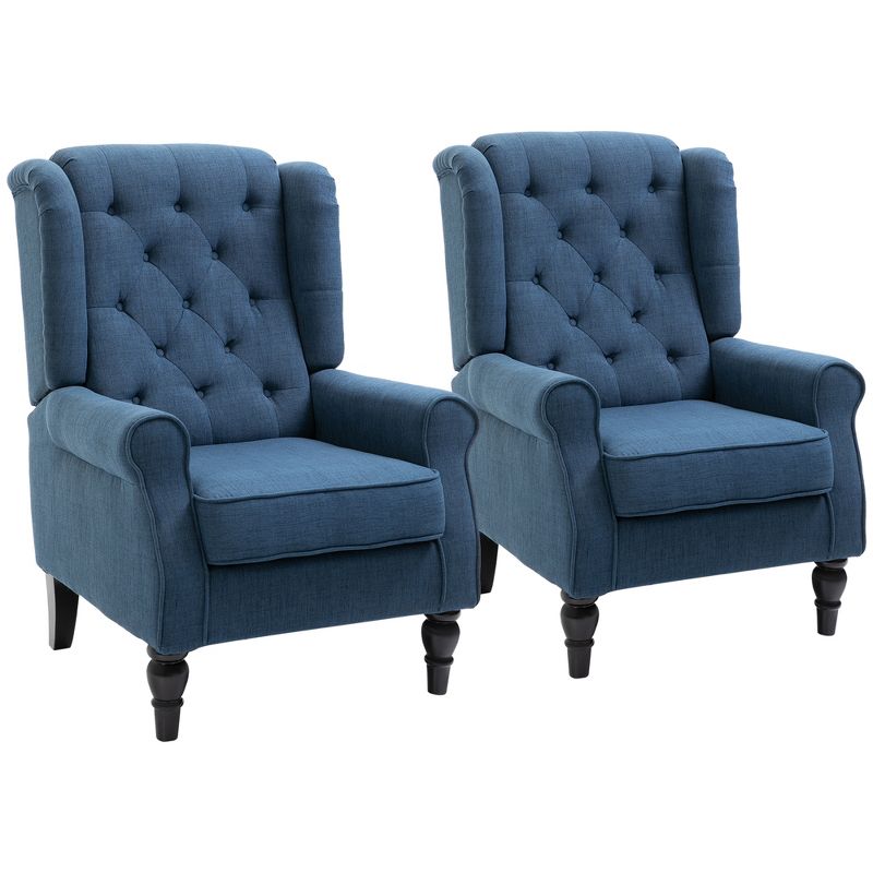 HOMCOM Button-Tufted Accent Chair with High Wingback, Rounded Cushioned Armrests and Thick Padded Seat, Set of 2, Blue, 1 of 7