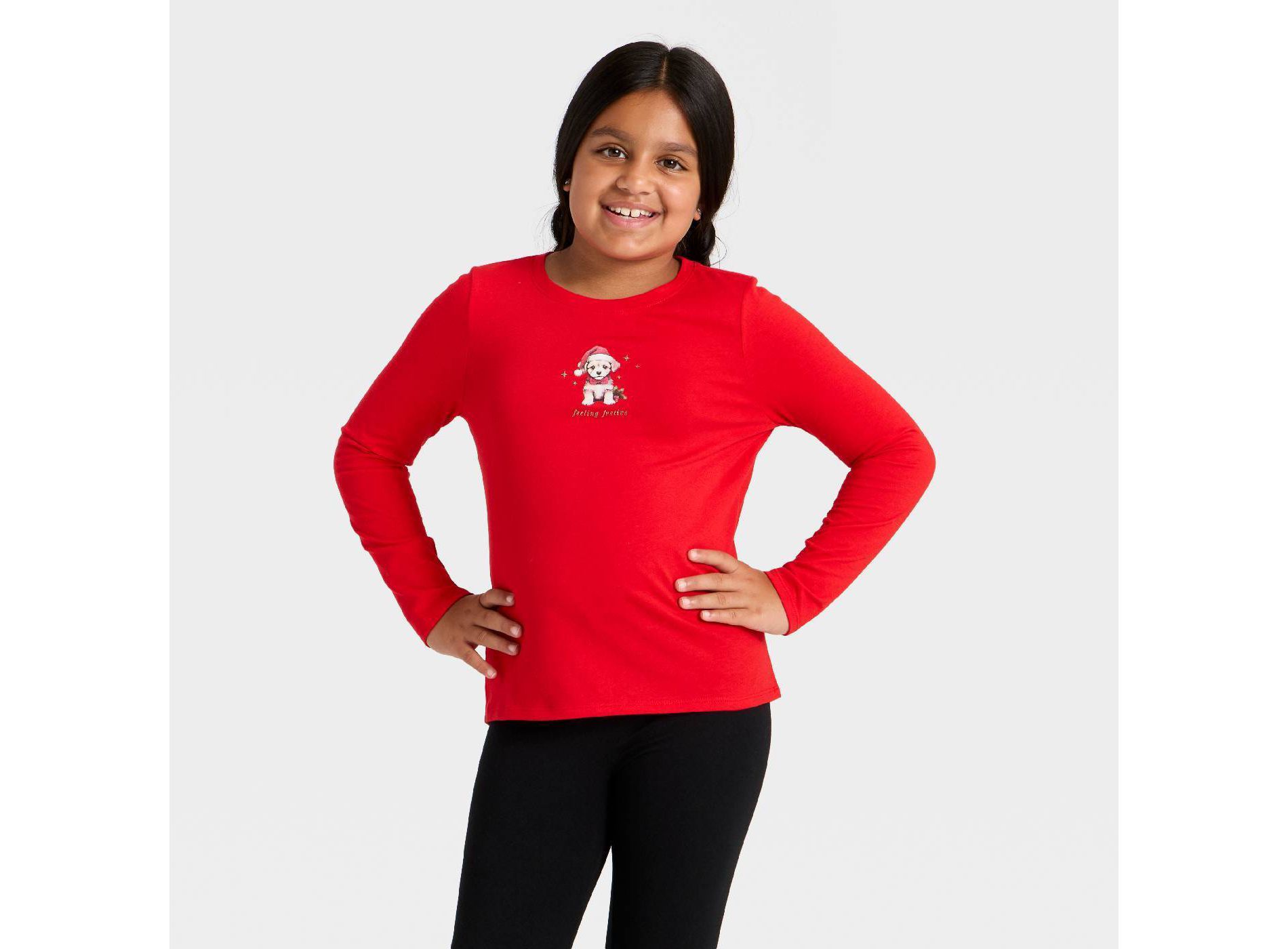 Girls' Long Sleeve Christmas 'Festive Pup' Graphic T-Shirt- Cat & Jack™ Red