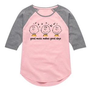 Girls' - Peanuts - Good Music Good Days Shirt Tail Raglan Graphic T-shirt - 1 of 4